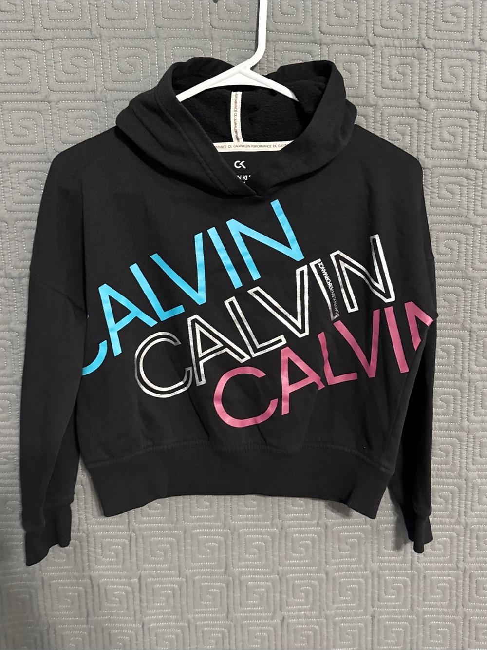 Calvin Klein Performance Big Girls M 8 10 Cropped Hoodie Black Multi Color Logo